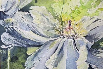 Aquarellbild einer Pfingstrose in expressiven Gelb- und Grüntönen